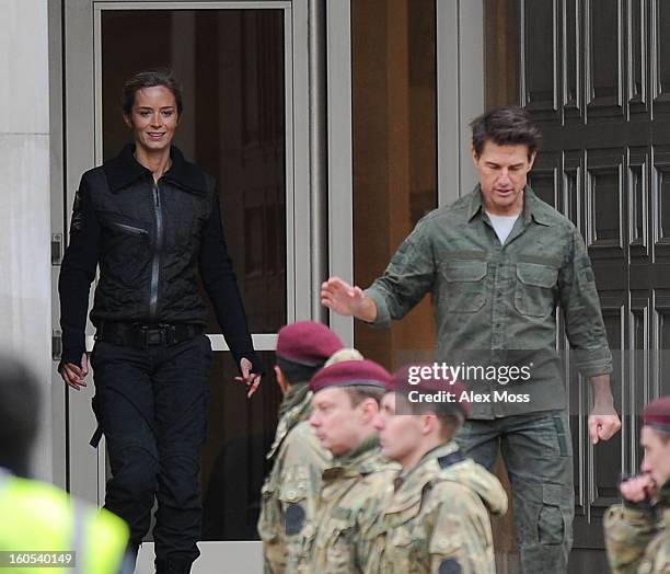 Tom Cruise and Emily Blunt seen on the film set of "All You Need Is Kill" on February 2, 2013 in London, England.