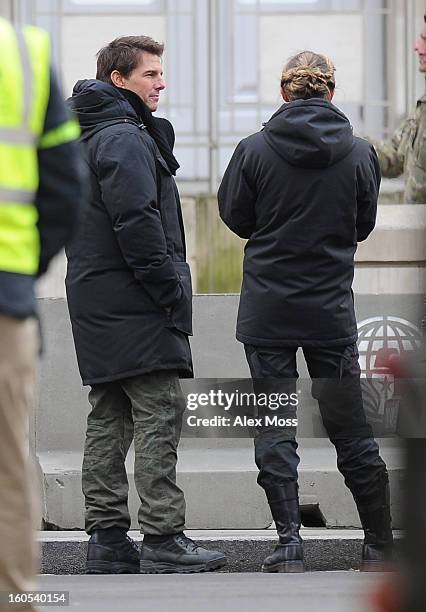 Tom Cruise and Emily Blunt seen on the film set of "All You Need Is Kill" on February 2, 2013 in London, England.