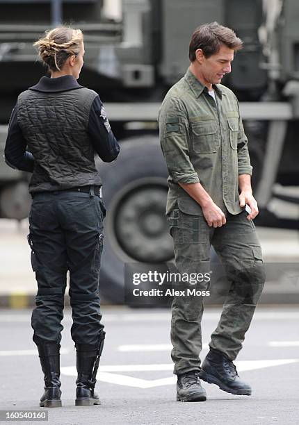 Tom Cruise and Emily Blunt seen on the film set of "All You Need Is Kill" on February 2, 2013 in London, England.