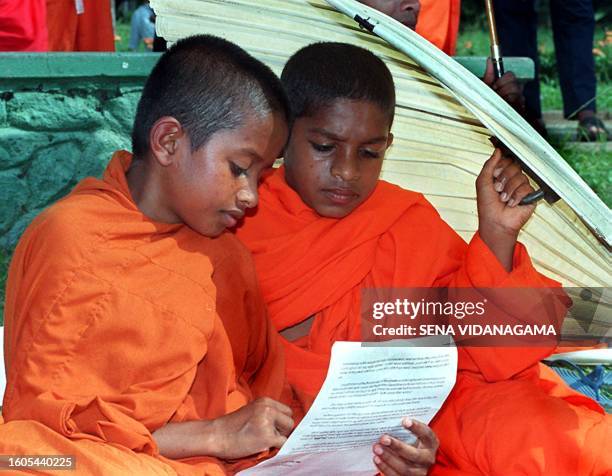 Two young Buddhist monks look at a propoganda leaflet 07 October during a demonstration in the Sri Lankan capital Colombo to support the government's...