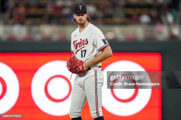 Bailey Ober of the Minnesota Twins pitches against the Arizona Diamondbacks on August 4, 2023 at Target Field in Minneapolis, Minnesota.