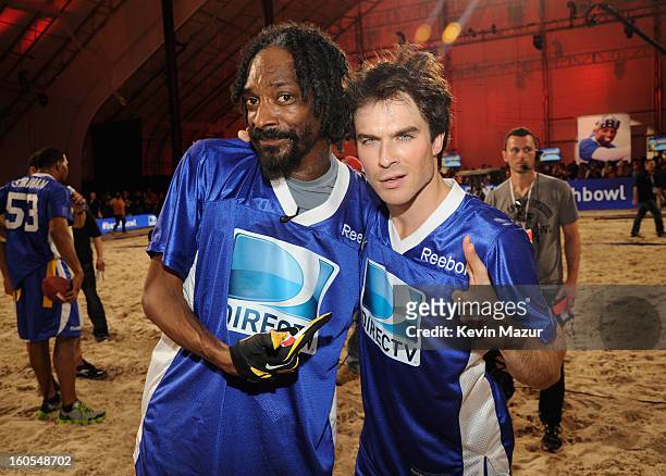 Snoop Dogg and Ian Somerhalder attend DIRECTV'S 7th annual celebrity Beach Bowl at DTV SuperFan Stadium at Mardi Gras World on February 2, 2013 in...