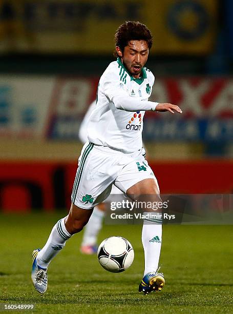 Yohei Kajiyama of Panathinaikos in action during the Superleague match between Asteras Tripolis and Panathinaikos FC at Asteras Tripolis Stadium on...