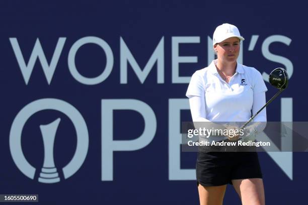 Kelsey Bennett of Australia plays her shot from the first tee on Day One of the AIG Women's Open at Walton Heath Golf Club on August 10, 2023 in...