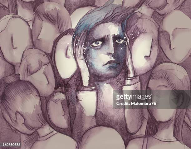 person having a panic attack amidst a faceless crowd - terrified stock illustrations