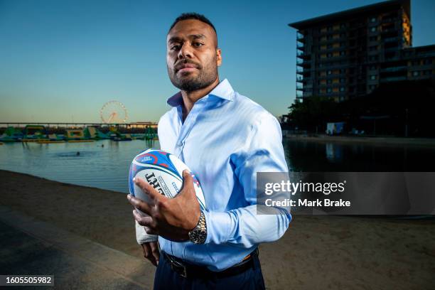 Samu Kerevi of the Wallabies poses for a photo during the Australia Wallabies Rugby World Cup Squad Announcement at Darwin Waterfront on August 10,...