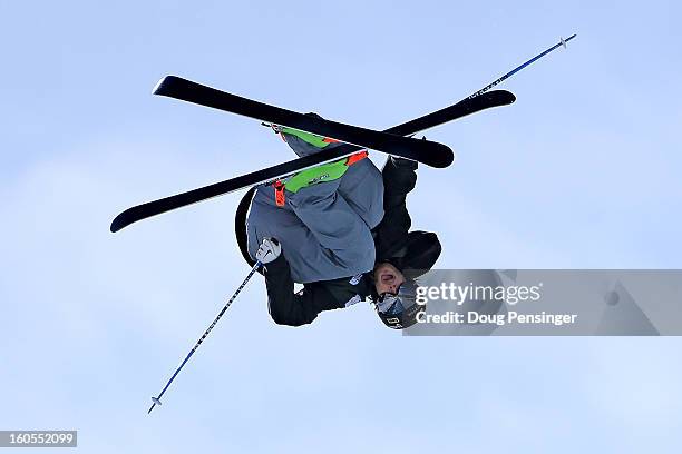 Kevin Rolland of France spins above the pipe en route third place in the FIS Freestyle Ski Halfpipe World Cup during the Sprint U.S. Grand Prix at...