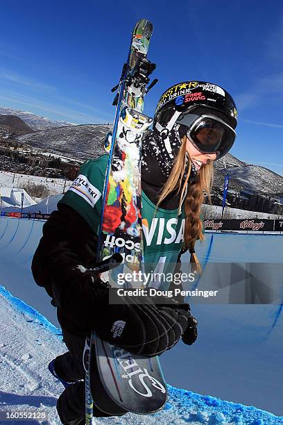 Maddie Bowman of the USA hikes up the deck of the pipe during practice as she went on to win the ladies FIS Freestyle Ski Halfpipe World Cup during...