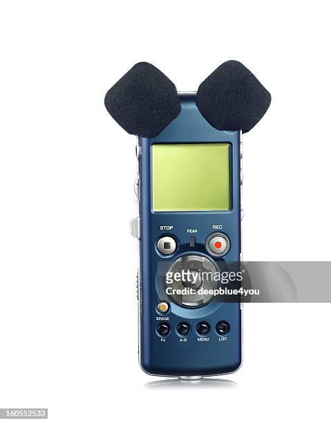 voice recorder with two microphones on white - dictaphone stock pictures, royalty-free photos & images