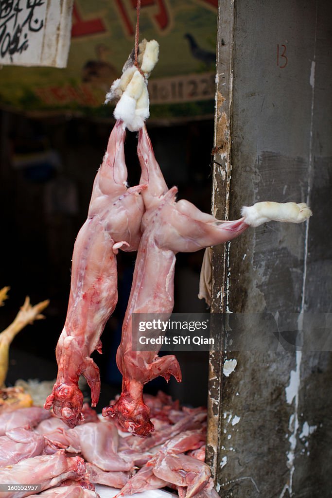 Whole raw skinned rabbits