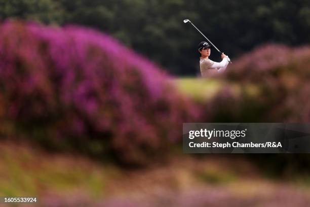 Yuka Saso of Japan plays her second shot on the 15th hole on Day One of the AIG Women's Open at Walton Heath Golf Club on August 10, 2023 in...