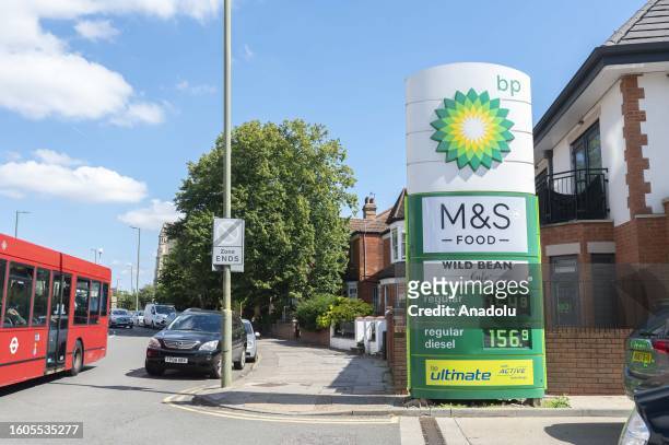 View of a gas station banner on the street while the annual infilation decreases to 6.8 percent, as it was expected in London, United Kingdom on...