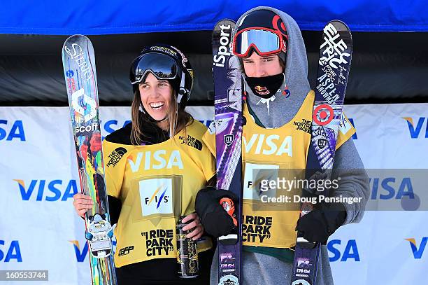 Maddie Bowman and Torin Yater-Wallace take the podium to receive the points leader's bibs at the FIS Freestyle Ski Halfpipe World Cup during the...