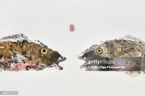 two fish swim towards each other. japanese traditional gyotaku fish printing handmade art - traditional japanese painting stock pictures, royalty-free photos & images