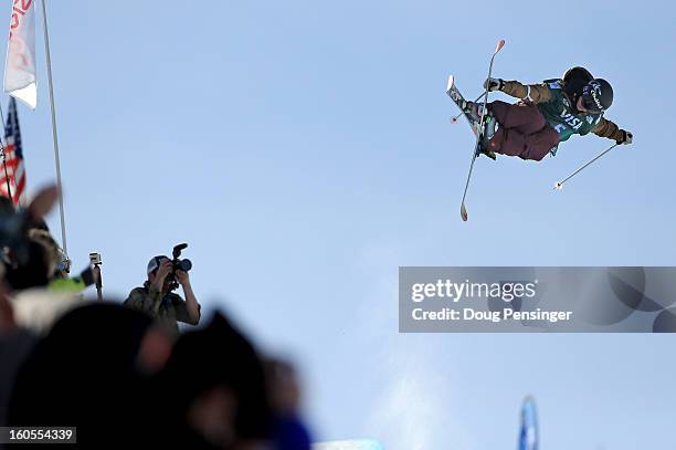 Virginie Faivre of Switzerland soars above spectators en route to finishing third in the ladies FIS Freestyle Ski Halfpipe World Cup during the...