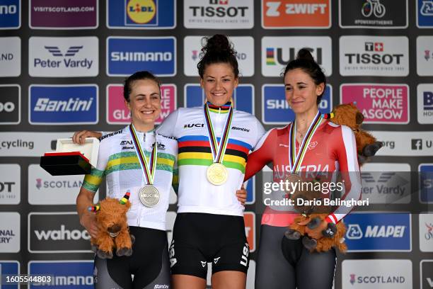 Silver medalist Grace Brown of Australia, gold medalist Chloe Dygert of The United States and bronze medalist Christina Schweinberger of Austria pose...