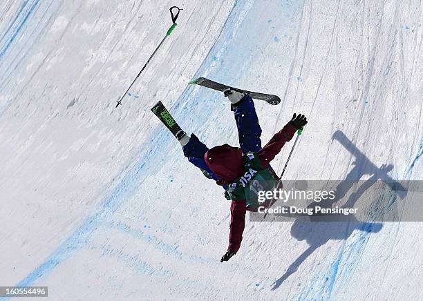 Annalisa Drew of the USA takes a fall during the finals of the ladies FIS Freestyle Ski Halfpipe World Cup during the Sprint U.S. Grand Prix at Park...