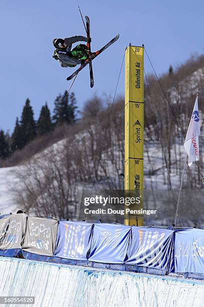 Torin Yater-Wallace of the USA flies above the halfpipe en route to finishing second in the men's FIS Freestyle Ski Halfpipe World Cup during the...