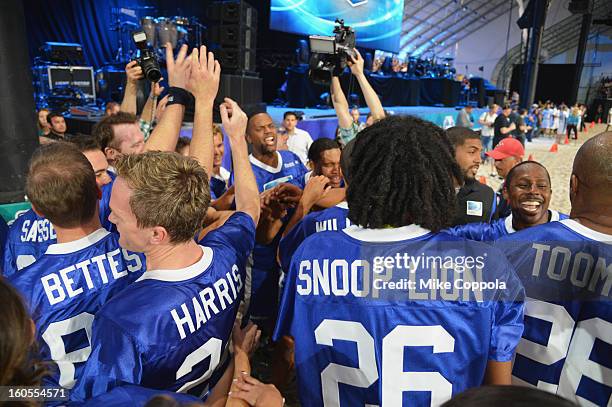 The Blue Team attends DIRECTV'S Seventh Annual Celebrity Beach Bowl at DTV SuperFan Stadium at Mardi Gras World on February 2, 2013 in New Orleans,...
