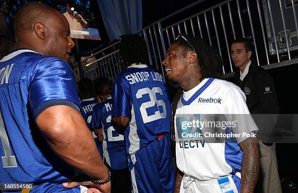 Lil Wayne attends DIRECTV'S Seventh Annual Celebrity Beach Bowl at DTV SuperFan Stadium at Mardi Gras World on February 2, 2013 in New Orleans,...