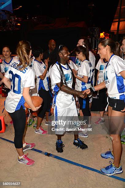 The White Team attends DIRECTV'S Seventh Annual Celebrity Beach Bowl at DTV SuperFan Stadium at Mardi Gras World on February 2, 2013 in New Orleans,...