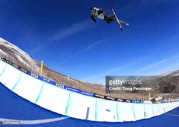 Mike Riddle of Canada takes a practice run prior to the finals of the FIS Freestyle Ski Halfpipe World Cup during the Sprint U.S. Grand Prix at Park...
