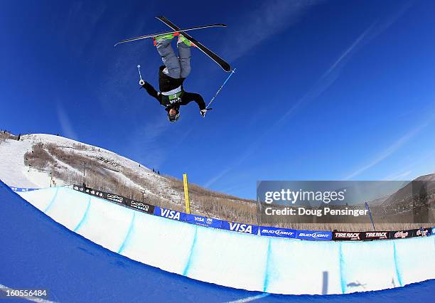 Kevin Rolland of France takes a practice run prior to the finals of the FIS Freestyle Ski Halfpipe World Cup during the Sprint U.S. Grand Prix at...