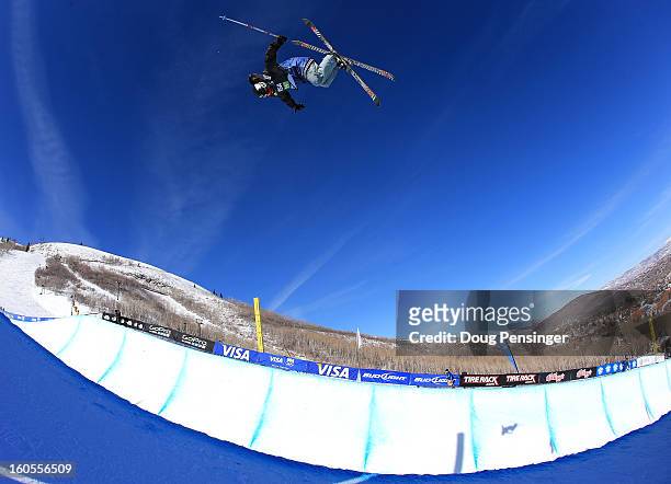 Simon D'Artois of Canada takes a practice run prior to the finals of the FIS Freestyle Ski Halfpipe World Cup during the Sprint U.S. Grand Prix at...