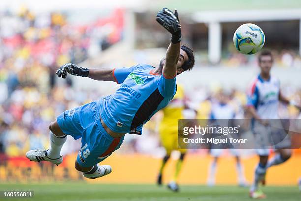 February 02: Sergio Garcia goalkeper of Queretaro jmakes a save during a Clausura 2013 Liga MX match against America at Azteca Stadium on February...