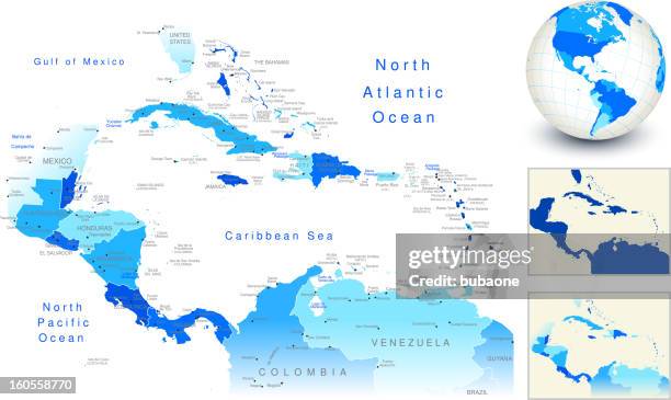 central america map with blue globe and country outlines - central world stock illustrations