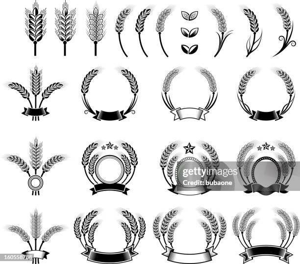 wheat barley wreath black and white vector icon set - barleys stock illustrations