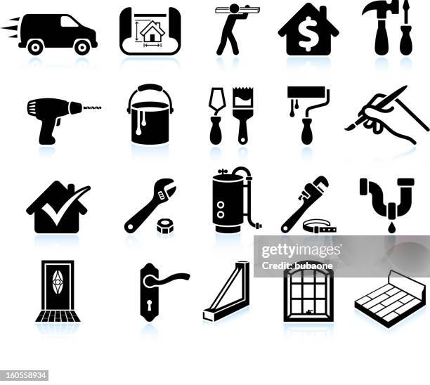 ilustrações de stock, clip art, desenhos animados e ícones de casa de reparações bricolage preto e branco vector conjunto de ícones - restaurar