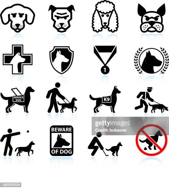 ilustraciones, imágenes clip art, dibujos animados e iconos de stock de perro razas blanco y negro sin royalties de conjunto de iconos vectoriales - correa