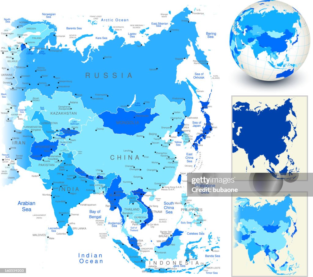 Asia Map with blue globe and country outlines