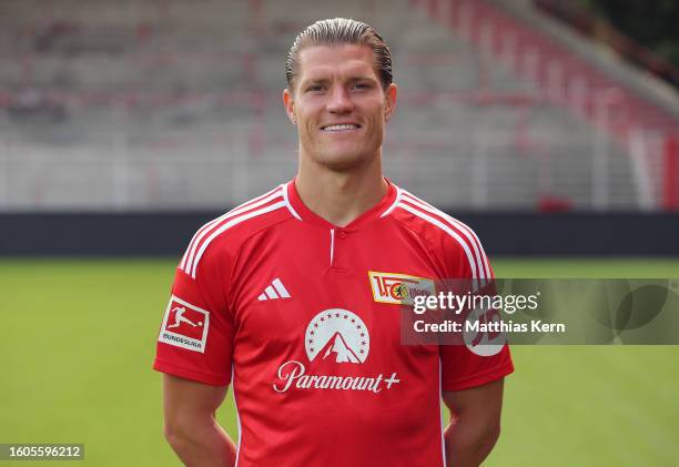 Kevin Behrens of 1. FC Union Berlin poses during the team presentation at Stadion an der Alten Foersterei on August 09, 2023 in Berlin, Germany.