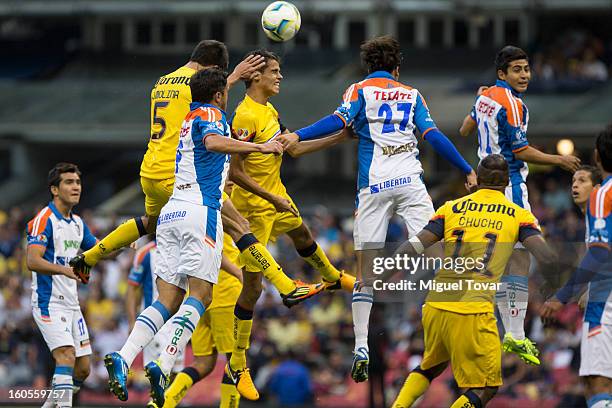 February 02: Diego Reyes of America jumps to heads the ball during a Clausura 2013 Liga MX match against Queretaro at Azteca Stadium on February 02,...