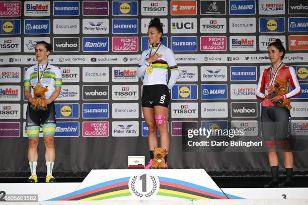 Silver medalist Grace Brown of Australia, gold medalist Chloe Dygert of The United States and bronze medalist Christina Schweinberger of Austria pose...