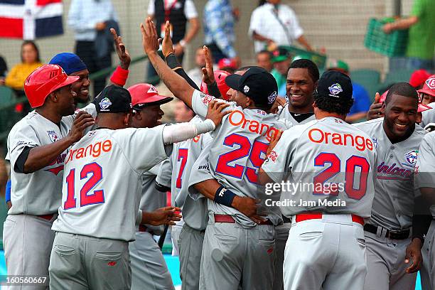 Players of Republica Dominicana celebrates during the Caribbean Series Baseball 2013 in Sonora Stadium on february 2, 2013 in Hermosillo, Mexico.