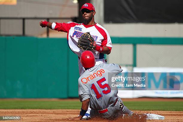 Luis Mateo of Puerto Rico and Miguel Tejeda of Republica Dominicana during the Caribbean Series Baseball 2013 in Sonora Stadium on february 2, 2013...