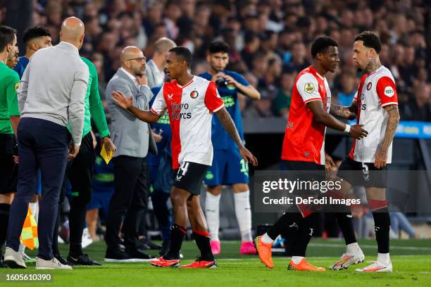 Igor Paixao of Feyenoord Rotterdam, Javairo Dilrosun of Feyenoord Rotterdam and Quilindschy Hartman of Feyenoord Rotterdam substitutes during the...