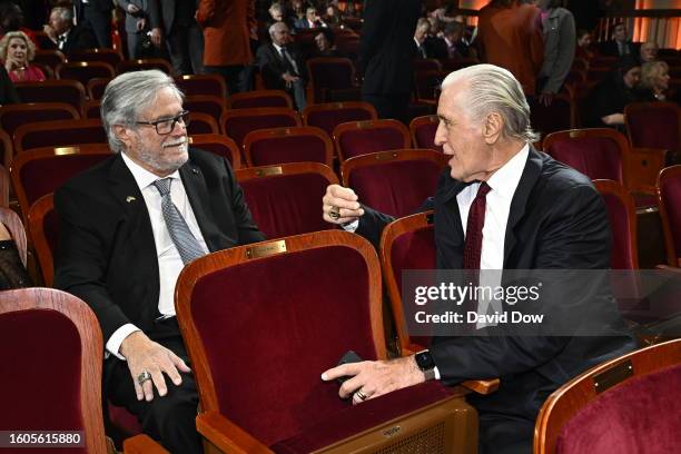 Micky Arison & Pat Riley look on as part of the 2023 Basketball Hall of Fame Enshrinement Ceremony on August 12, 2023 at Springfield Marriott in...