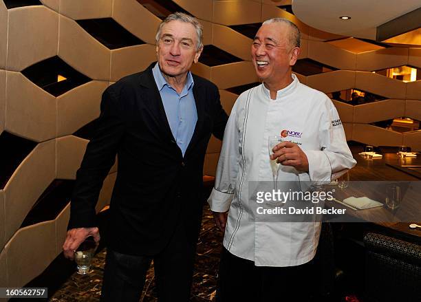 Actor Robert De Niro and chef Nobu Matsuhisa appear during a preview for the Nobu Restaurant and Lounge Caesars Palace on February 2, 2013 in Las...