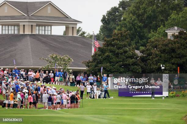 Keegan Bradley of the United States plays his shot from the tenth tee during the first round of the FedEx St. Jude Championship at TPC Southwind on...