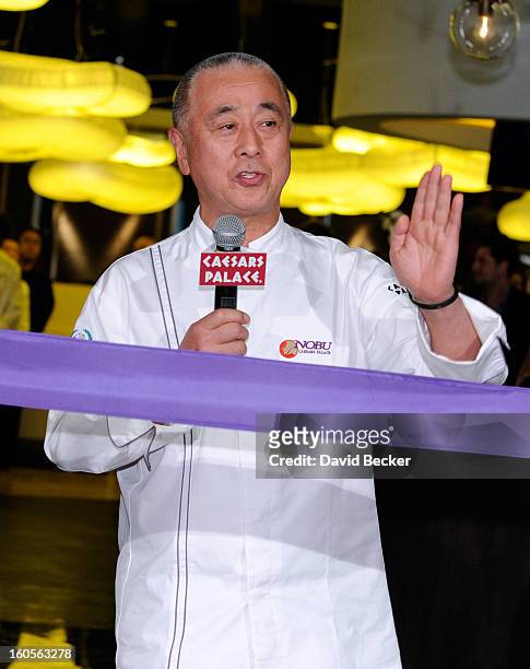 Chef Nobu Matsuhisa speaks before a ribbon cutting ceremony during a preview for the Nobu Restaurant and Lounge Caesars Palace on February 2, 2013 in...