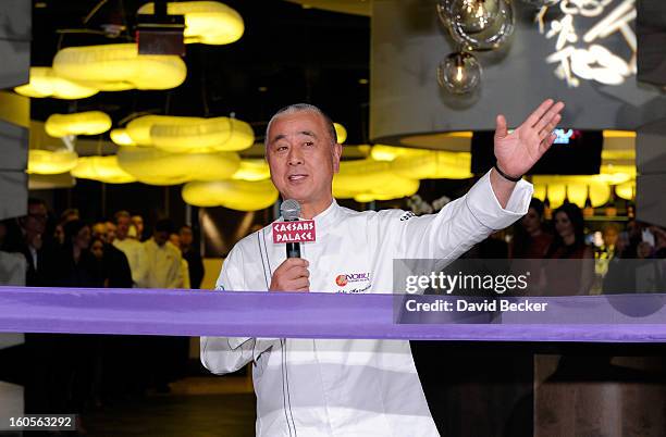 Chef Nobu Matsuhisa speaks before a ribbon cutting ceremony during a preview for the Nobu Restaurant and Lounge Caesars Palace on February 2, 2013 in...