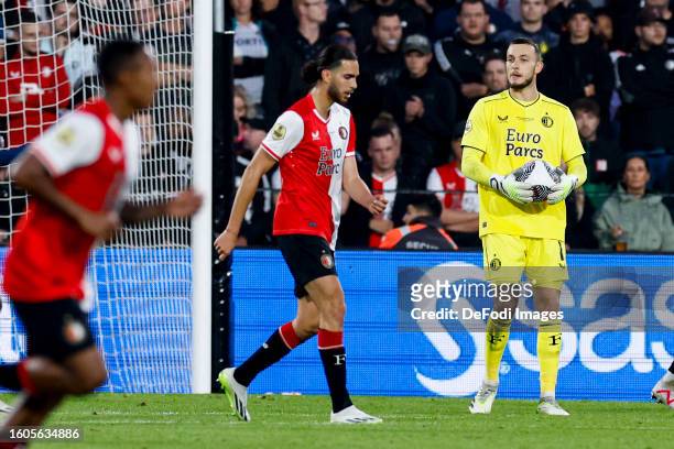 Goalkeeper Justin Bijlow of Feyenoord Rotterdam Controls the ball during the Dutch Super Cup match between Feyenoord and PSV on August 4, 2023 in...