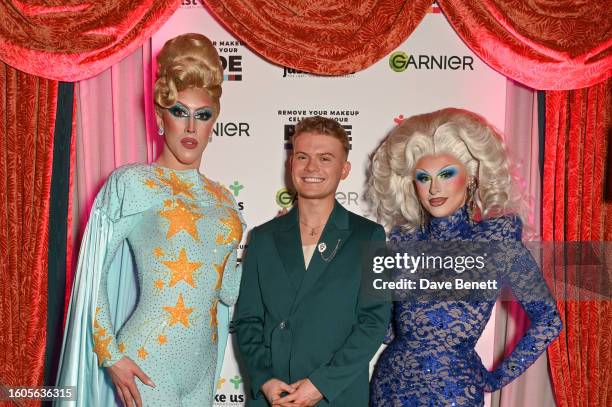 Samantha Ballentines, Max Balegde and Blu Hydrangea attend the Garnier "Celebrate Your Pride" event at NoMad London on August 17, 2023 in London,...