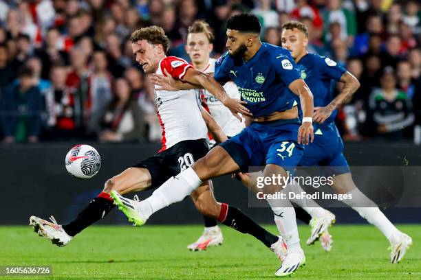 Mats Wieffer of Feyenoord Rotterdam and Ismael Saibari of PSV Eindhoven Battles for the ball during the Dutch Super Cup match between Feyenoord and...