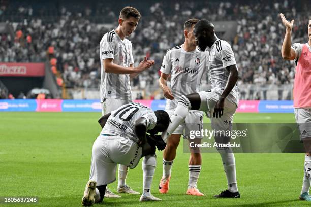 Vincent Aboubakar of Besiktas celebrates with his teammate Arthur Masuaku , after scoring a goal during the UEFA Europa Conference League third...