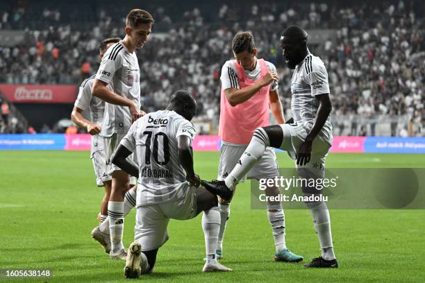 Vincent Aboubakar of Besiktas celebrates with his teammate Arthur Masuaku , after scoring a goal during the UEFA Europa Conference League third...